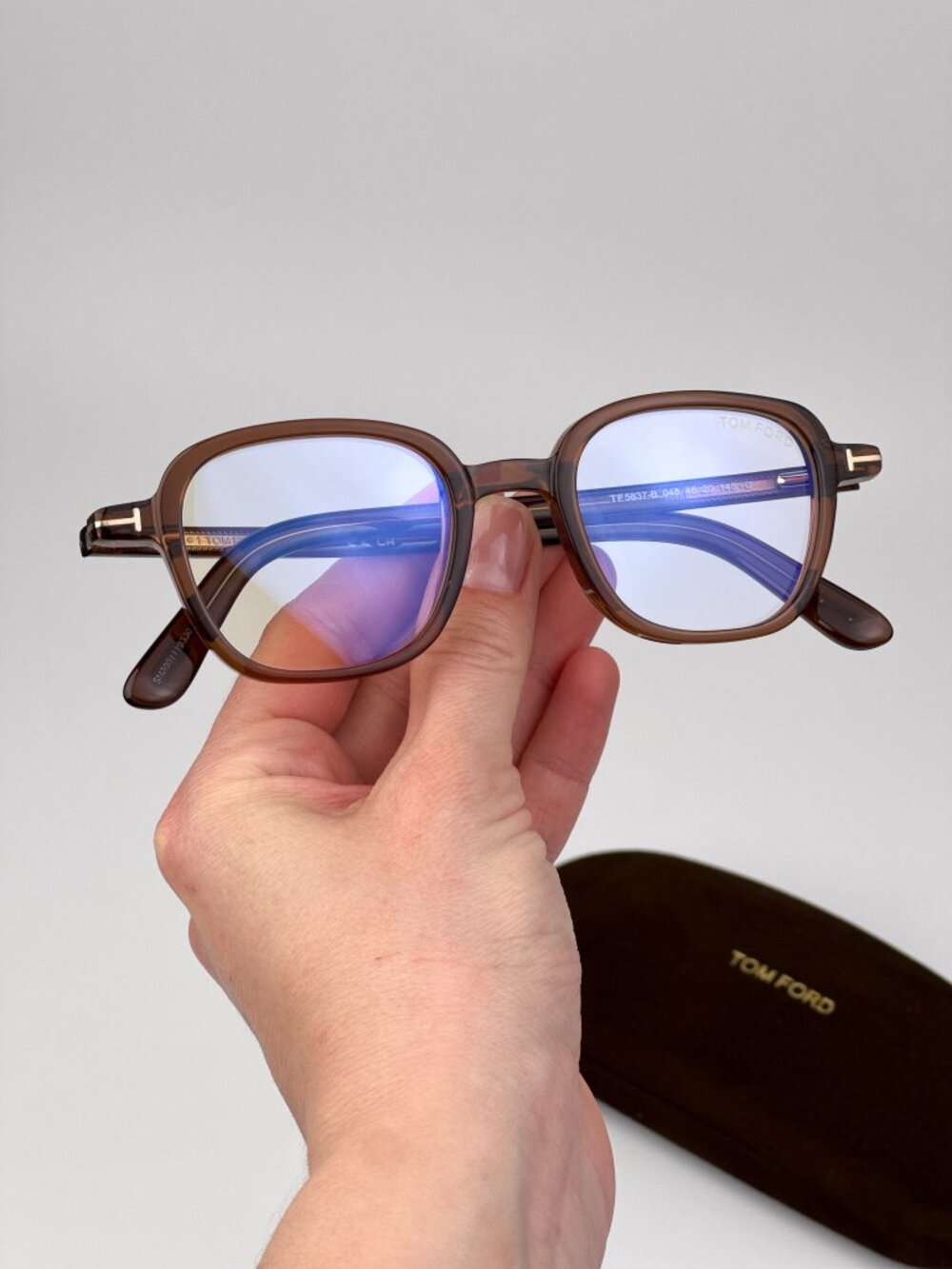 Tom Ford FT5837-B 048 Eyeglasses – Transparent Brown Rounded Square Blue Block